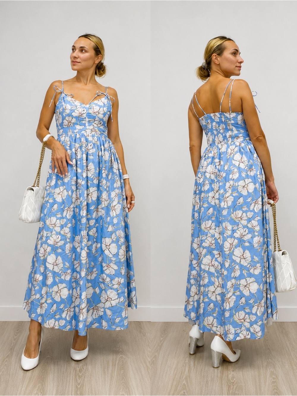 NWOT En Saison Light Blue Floral Tie-Strap Cotton Midi Dress Size S
